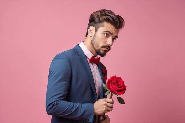 Homem nervoso à espera do seu encontro no Dia dos Namorados segurando uma rosa vermelha e parecendo confuso de lado