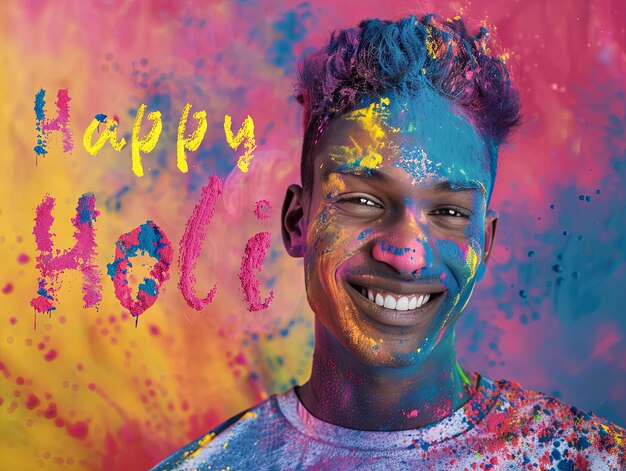 Homem no cartaz do festival de Holi sorrindo com texto de Feliz Holi