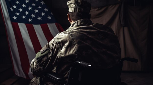 Homem no conceito de cadeira de rodas Veterano dos EUA