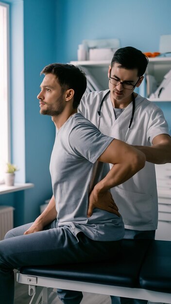 Foto homem no consultório médico fisioterapeuta está se reabilitando de volta