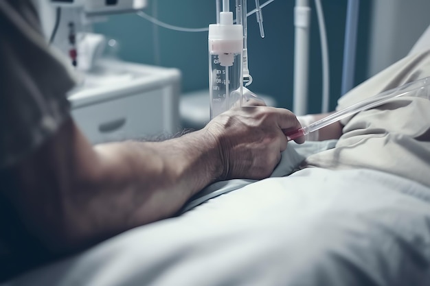 homem no hospital recebendo uma infusão de imunoglobulina com gotejamento intravenoso Close Up Ai Generative