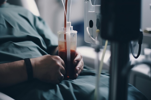 homem no hospital recebendo uma infusão de imunoglobulina com gotejamento intravenoso Close Up Ai Generative