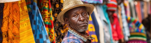 Foto homem no mercado africano de têxteis coloridos de fundo