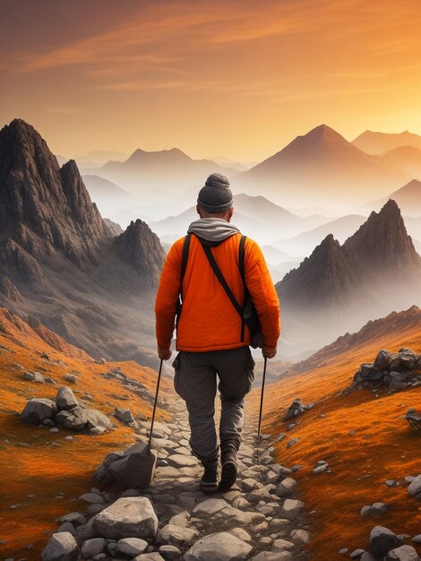 Homem no pico da montanha olhando para o vale da montanha com nuvens baixas no pôr-do-sol colorido no outono nas Dolomitas Paisagem com viajante colinas nebulosas floresta no outono belo céu ao anoitecer nos Alpes