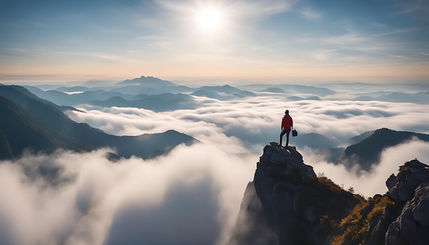 Homem no topo da montanha olha para as belas nuvens