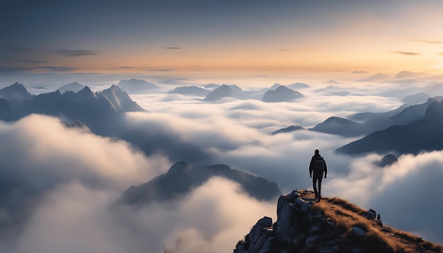 Homem no topo da montanha olha para as belas nuvens