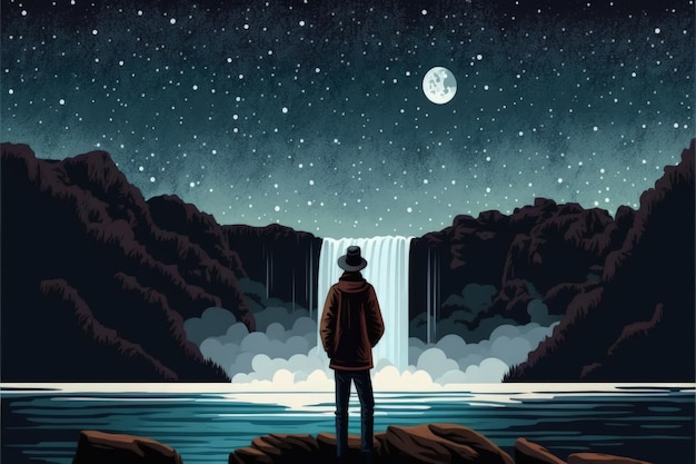 Homem no topo de uma formação rochosa perto de uma cachoeira olha para o céu noturno Conceito de fantasia Ilustração pintura IA generativa