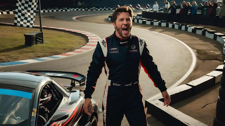 Foto homem num circuito de karting com um carro