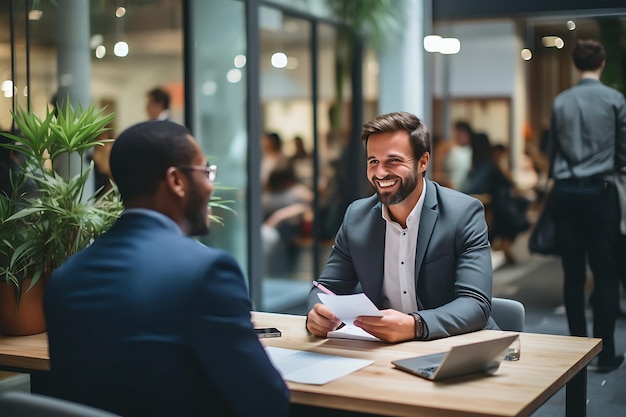 Homem numa feira de emprego a discutir oportunidades de emprego com um recrutador