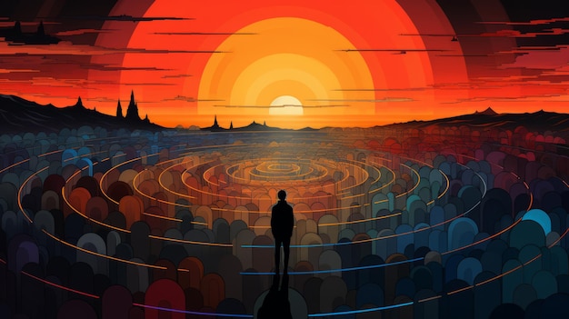 Homem observando o sol em um mundo arco-íris figuras humanas abstratas e cenas detalhadas de multidões
