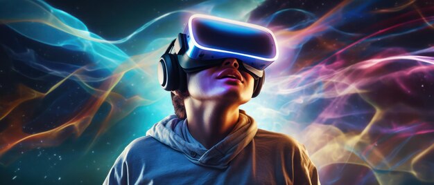 Homem obtendo experiência usando óculos de headset VR