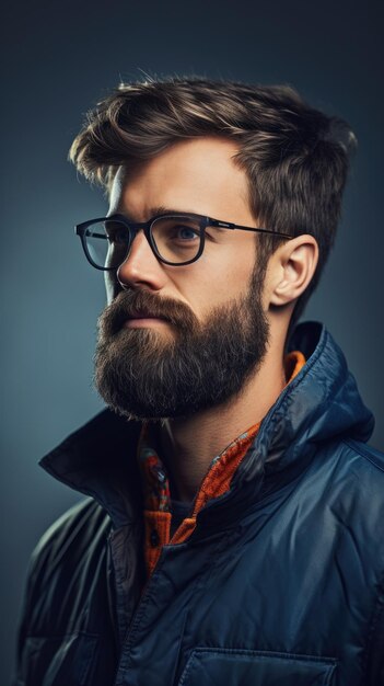 Homem ocidental com barba espessa usando camiseta de óculos