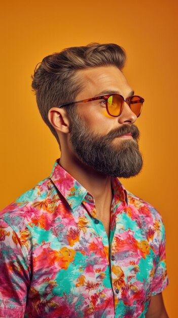 Homem ocidental com barba espessa usando óculos camisa colorida