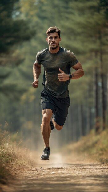 Foto homem ocidental correndo na trilha corredor masculino