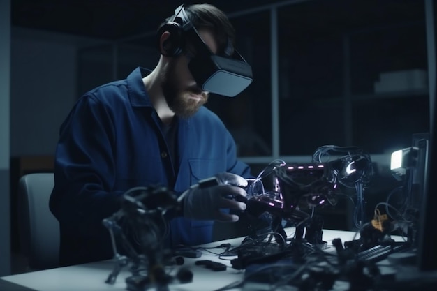 Homem, óculos robóticos, virtual, tecnologia, 3d, engenheiro, inovação, futuro, óculos, robô tridimensional, Generative AI