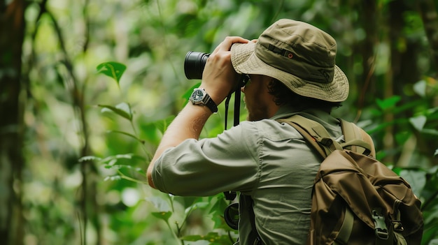 Foto homem olhando através de binóculos na selva ele está usando um chapéu e uma mochila o fundo é verde e frondoso