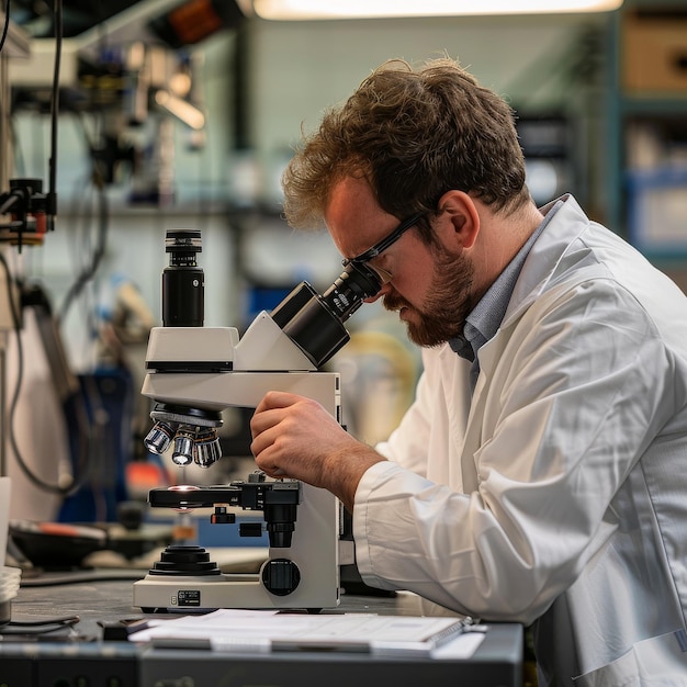 Homem olhando através de um microscópio em laboratório