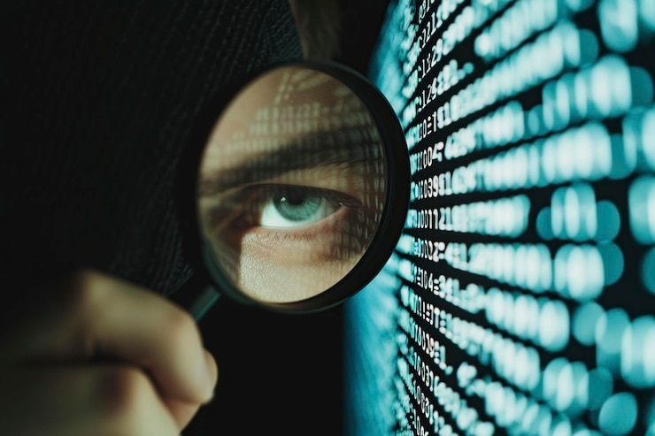Foto homem olhando através de uma lupa e inspecionando a criptografia
