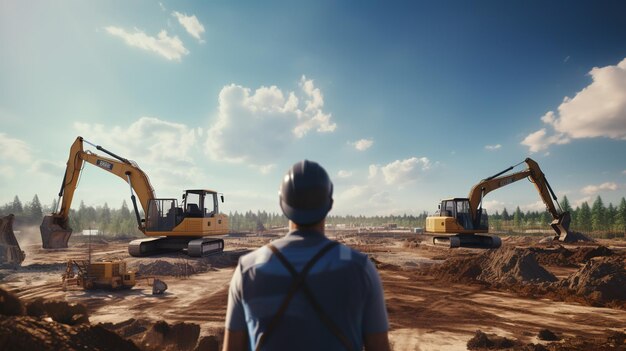 Homem olhando para o canteiro de obras com uma escavadora