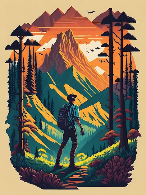 Homem olhando para os picos das montanhas Montanhas árvores e colinas no fundo Modelo de pôster vetorial