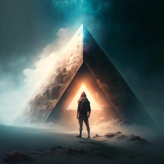 Foto homem olhando para uma misteriosa pirâmide sobrenatural