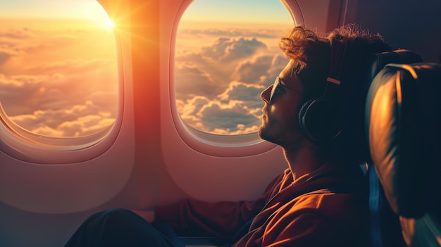 Foto homem olhando pela janela de um avião ao pôr do sol