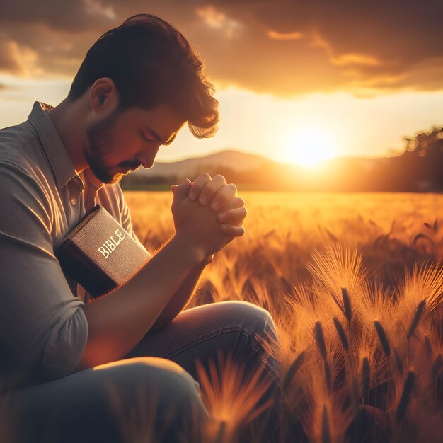 Foto homem orando na bíblia santa em um campo durante um belo pôr-do-sol homem sentado com os olhos fechados com a bíblia em suas mãos conceito de fé espiritualidade e religião