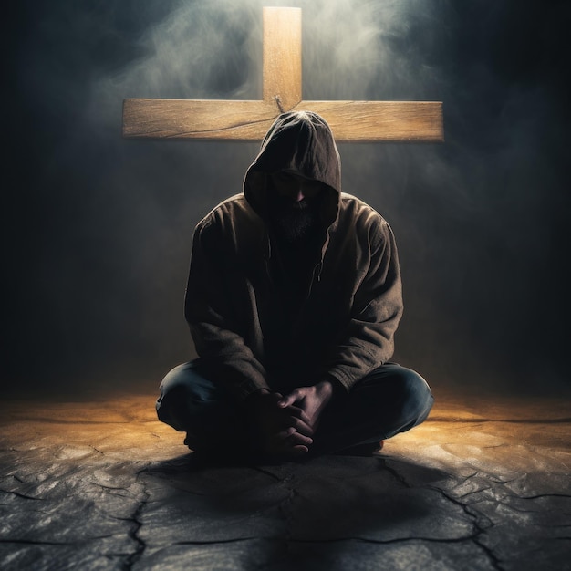 Homem orando na frente da cruz conceito cristão silhueta de um homem que ajoelha-se na frente de um cro
