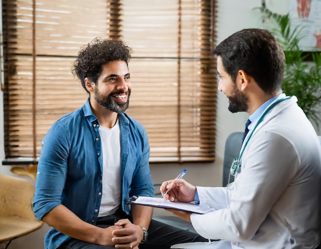 Foto homem paciente consultando médico ginecologista ou psiquiatra e examinando a saúde em med...