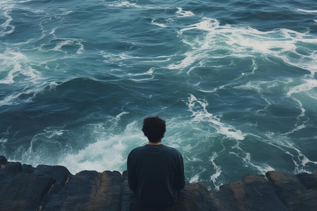 Homem pacífico sentado oceano meditar gerar Ai