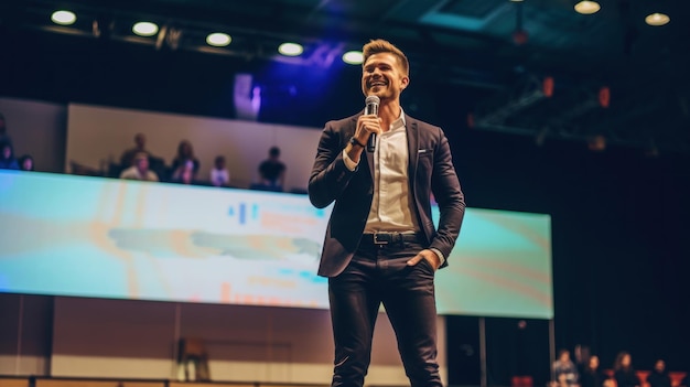 Homem palestrante motivacional no palco falando sobre sucesso e liderança IA generativa