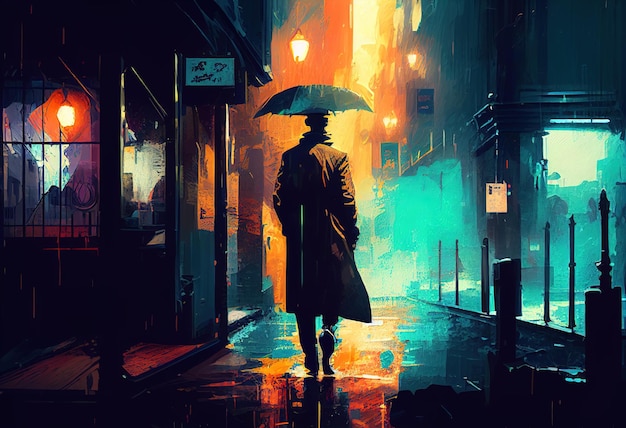 Homem para a cidade com uma ilustração de guarda-chuva Ai genrative