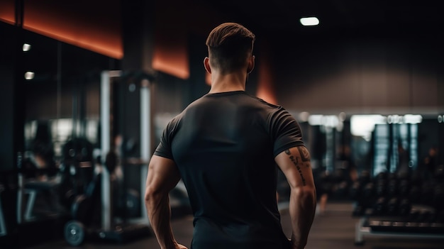 Homem parado em uma academia com uma camisa preta