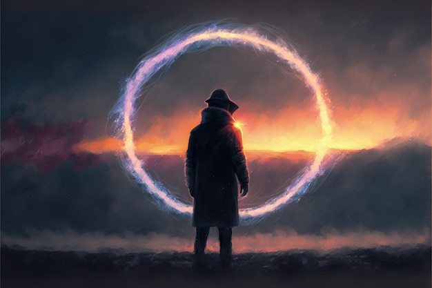Homem parado na escuridão observando círculo iluminado Conceito de fantasia Ilustração pintura Generative AI
