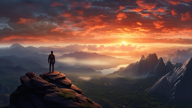 Homem parado no topo da montanha com o nascer do sol acima da nuvem caminhando