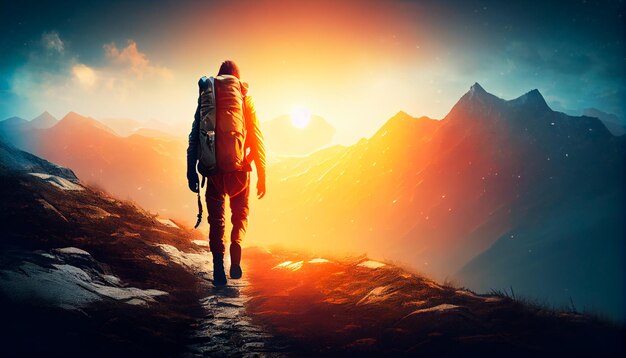 Homem parado no topo de uma montanha com uma mochila nas costas e um pôr do sol ao fundo atrás dele com um céu vermelho e nuvens laranja e um generativo de IA em tons de vermelho