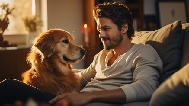 homem passando tempo com seu cão amizade íntima