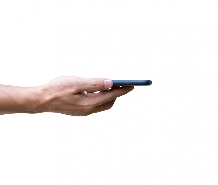 Foto homem, passe segurar, smartphone, em, tela horizontal, enfrentando, cima, isolado, branco, fundo