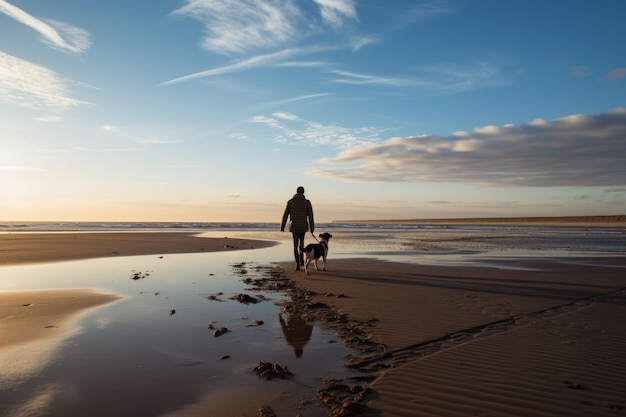 Homem passeando com seu cachorro em uma vasta praia vazia Holkham Norfolk Reino Unido