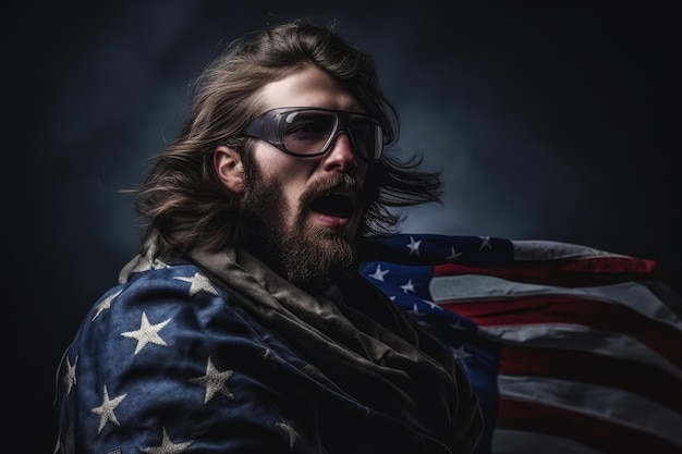 Homem patriota herói americano no fundo escuro da bandeira dos EUA generativo ai