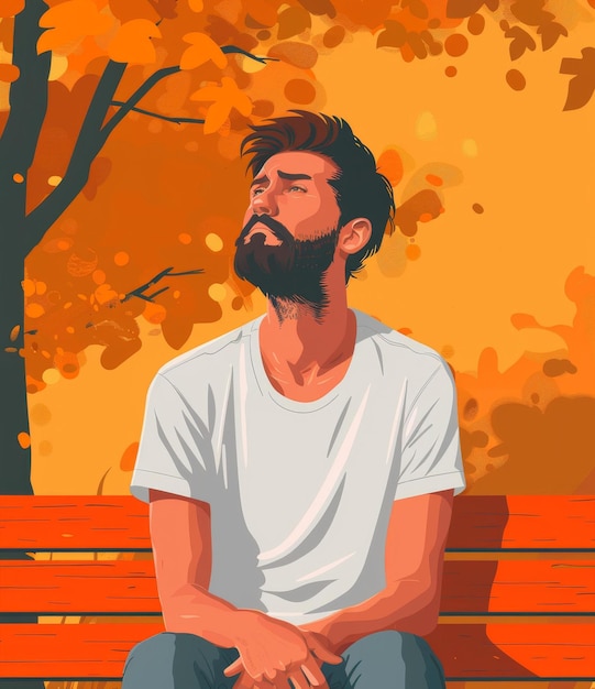 Foto homem pensativo num banco no parque de outono