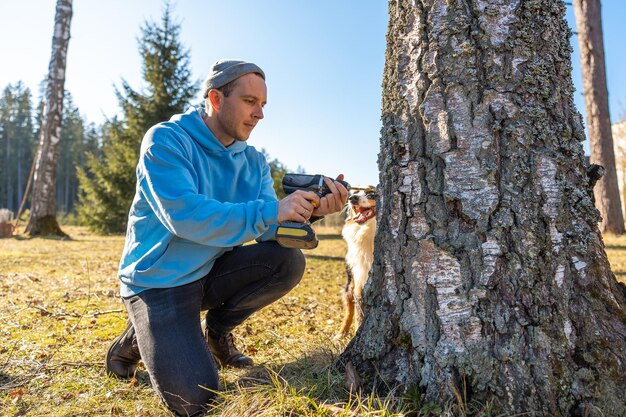 Foto homem perfurando uma bétula para coletar seiva fresca em um brilhante dia de primavera