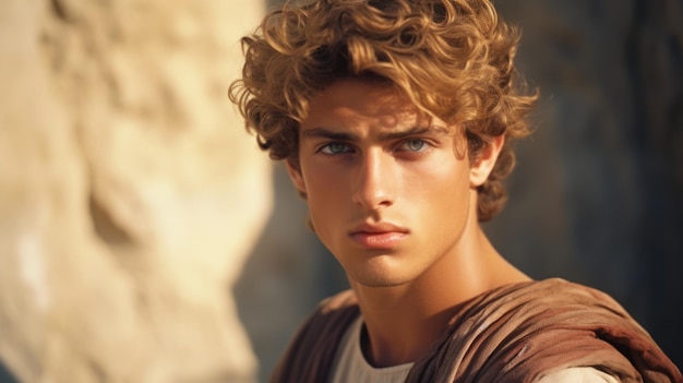 Homem persa adolescente fotorrealista com cabelo loiro encaracolado retrô ilustração
