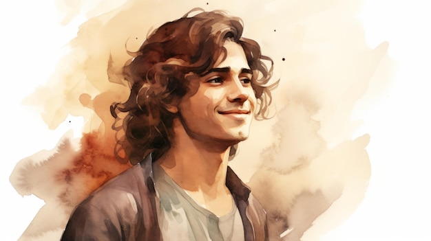 Homem persa adolescente sorridente com cabelo castanho liso aquarela ilustração retrato de pessoa casual em fundo branco com espaço de cópia fotorrealista ai gerado ilustração horizontal