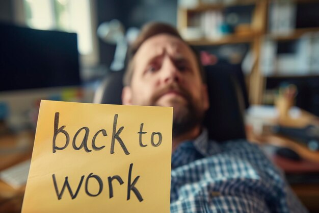 Foto homem perturbado e triste no escritório com um sinal de volta ao trabalho