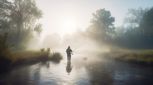 Homem pesca com mosca na névoa Ilustração AI GenerativexA