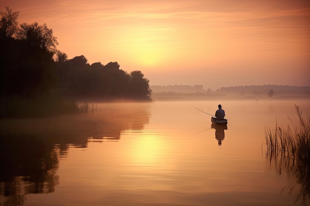 Homem pescando em um barco em um lago ao pôr do sol Generative Ai