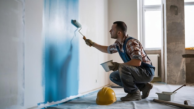 Homem pintando parede com tinta azul usando rolos trabalhador de construção ferramenta renovação de apartamento