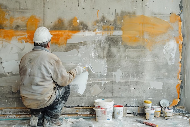 Homem pintando parede com tinta laranja