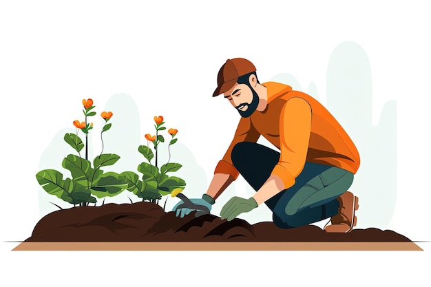 homem plantando árvores plantas e flores ilustração de vetor plano de desenho animado